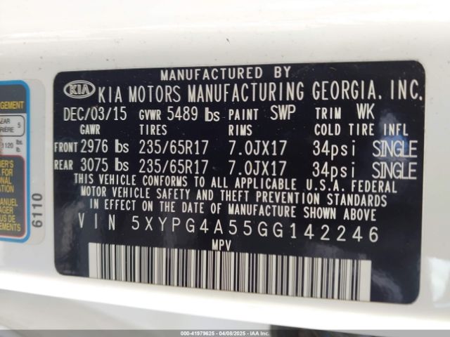5XYPG4A55GG142246 KIA Sorento 3.3l Lx