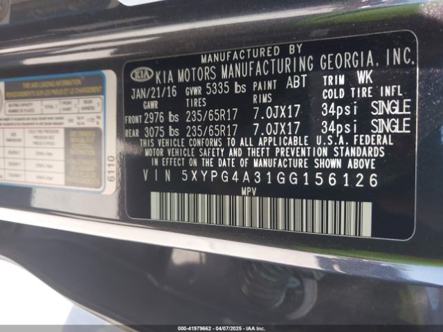 5XYPG4A31GG156126 KIA Sorento 2.4l Lx