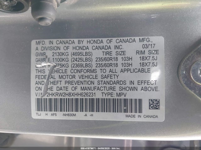 2HKRW2H8XHH626231 Honda Cr-v Ex-l/ex-l Navi