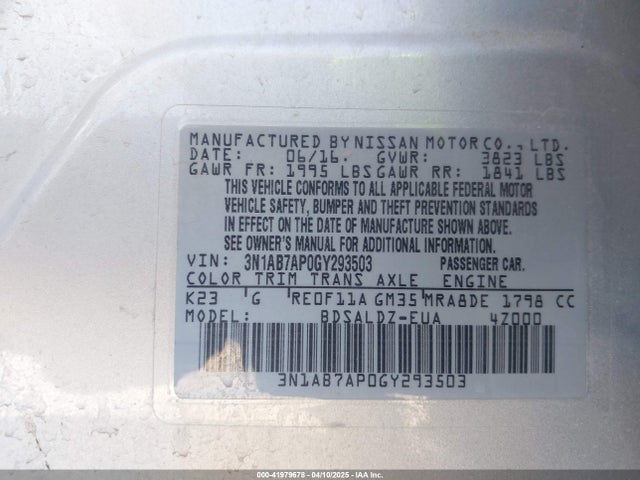 3N1AB7AP0GY293503 Nissan SENTRA SV