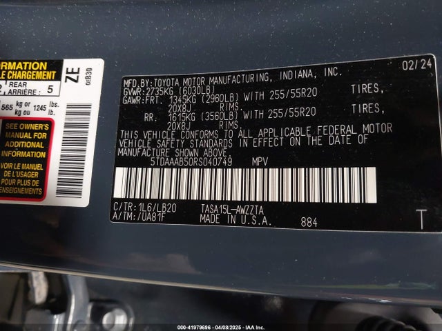 5TDAAAB50RS040749 Toyota Grand Highlander Platinum