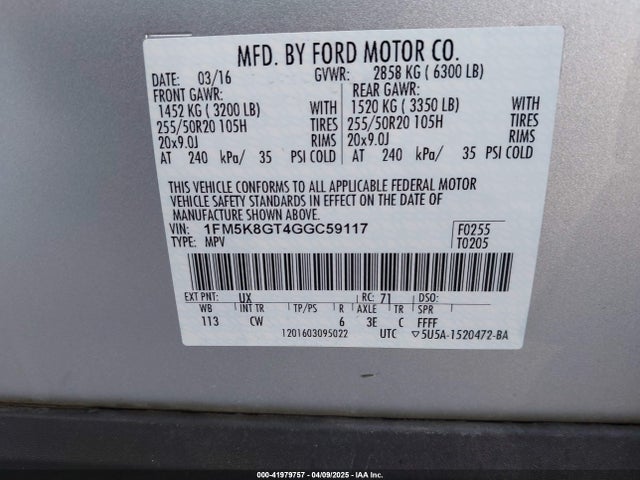 1FM5K8GT4GGC59117 Ford 2016
