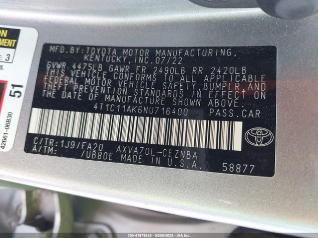 4T1C11AK6NU716400 Toyota CAMRY LE