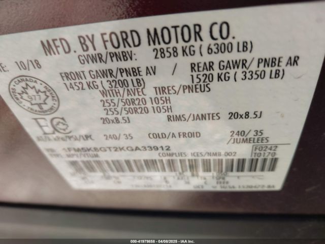 2019 FORD EXPLORER 1FM5K8GT2KGA33912 Photo 8