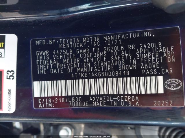 4T1K61AK6NU008418 Toyota CAMRY XSE