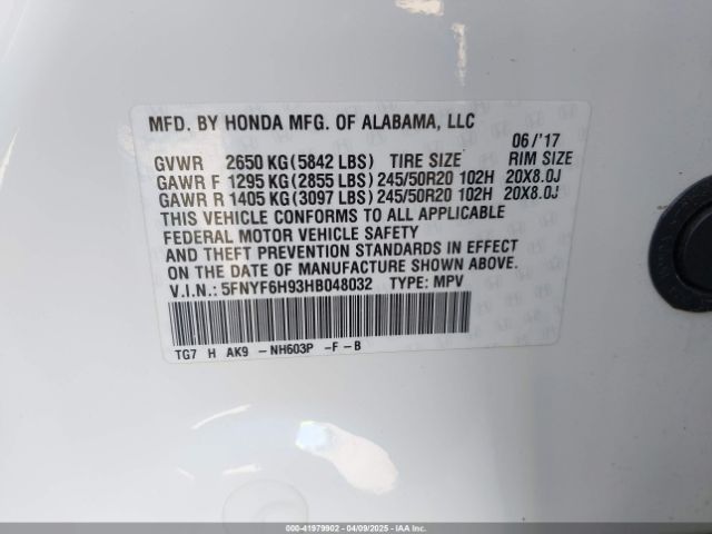 5FNYF6H93HB048032 Honda Pilot Touring