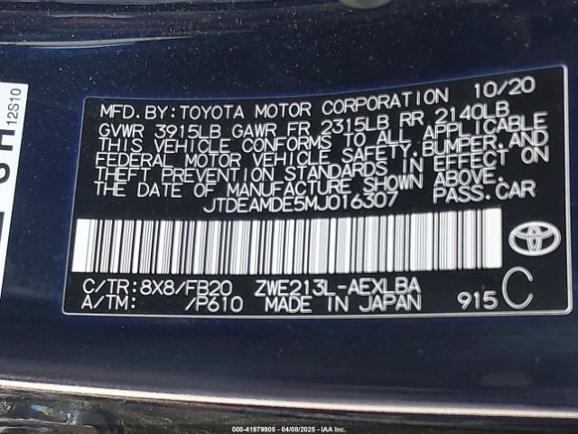 JTDEAMDE5MJ016307 Toyota Corolla Hybrid Le