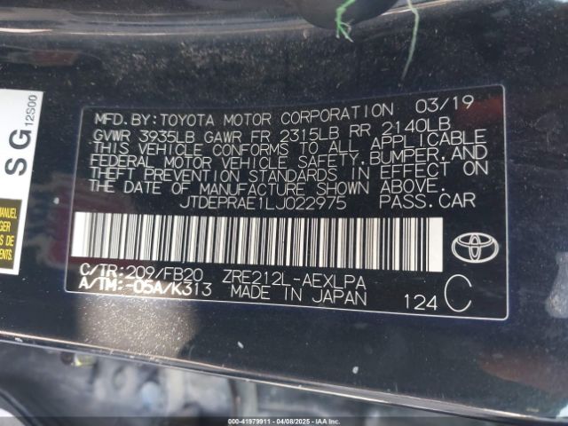 JTDEPRAE1LJ022975 Toyota COROLLA LE