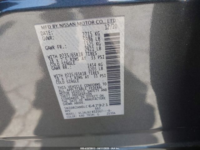 5N1DR2AN6LC647921 Nissan Pathfinder S 2wd