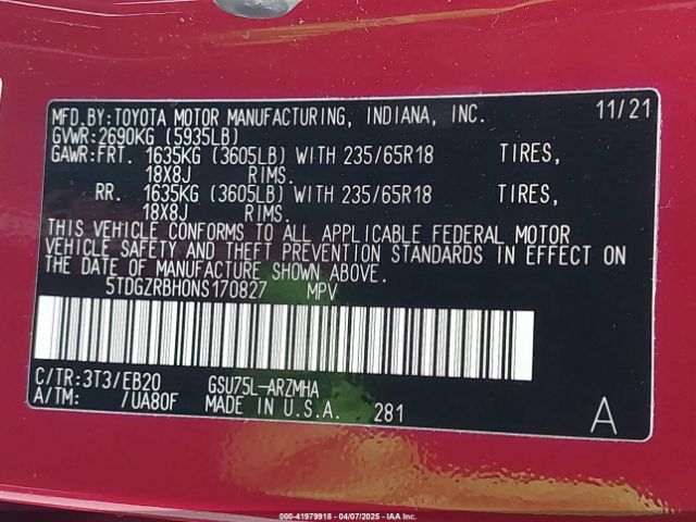 5TDGZRBH0NS170827 Toyota Highlander Xle