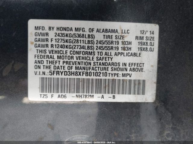 5FRYD3H8XFB010210 Acura Mdx Advance Pkg W/entertainment Pkg