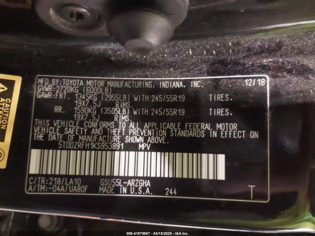 5TDDZRFH1KS953891 Toyota Highlander Limited