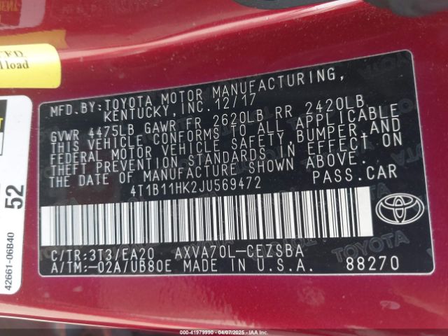4T1B11HK2JU569472 Toyota CAMRY SE