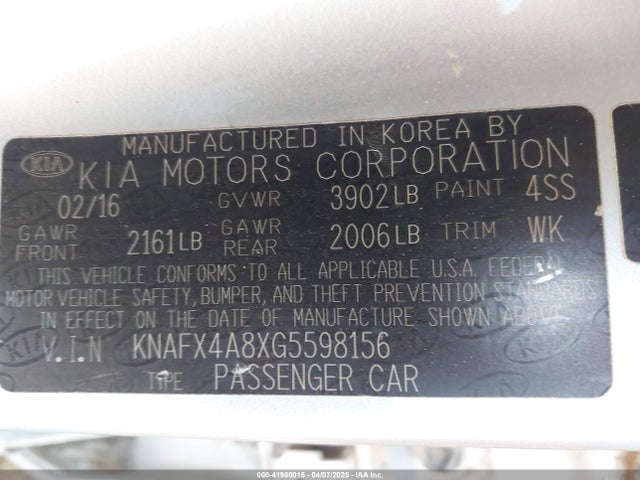 KNAFX4A8XG5598156 KIA FORTE EX