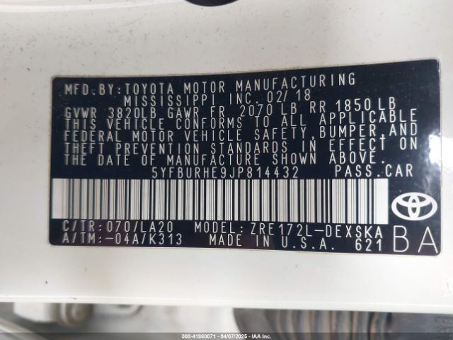 5YFBURHE9JP814432 Toyota Corolla Xse