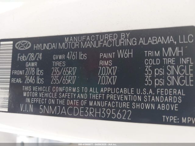 5NMJACDE3RH395622 Hyundai gdi theta iii