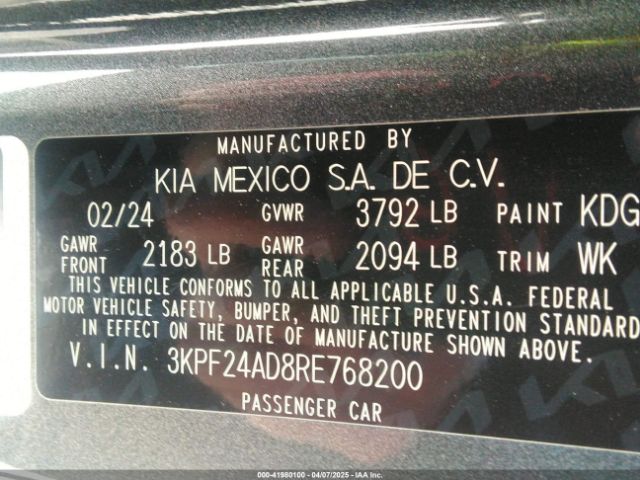 3KPF24AD8RE768200 KIA Forte Lxs