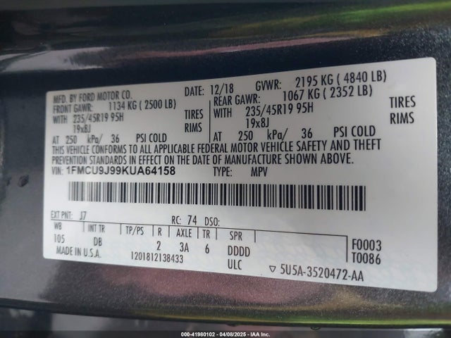 1FMCU9J99KUA64158 Ford Escape Titanium