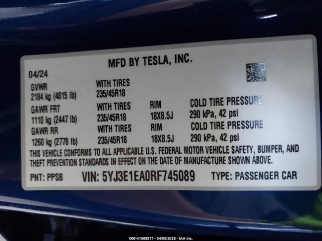 5YJ3E1EA0RF745089 Tesla Model 3 Long Range Dual Motor All-wheel Drive/rear-wheel Drive
