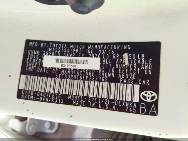 5YFBURHE6FP287165 Toyota COROLLA LE