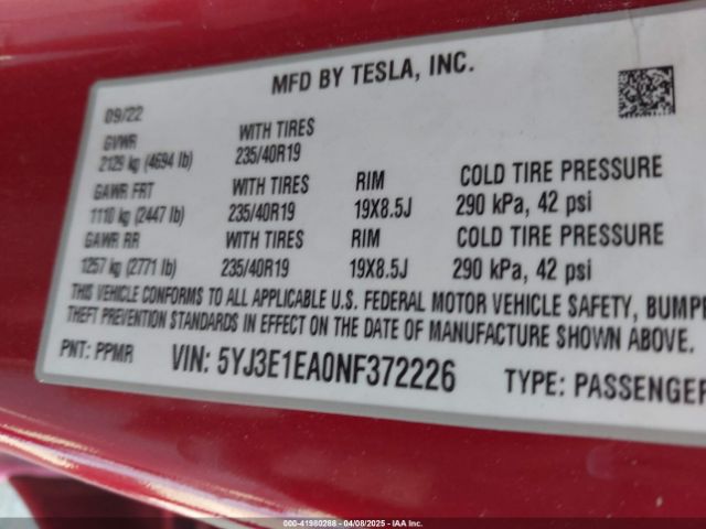 2022 TESLA MODEL 3 5YJ3E1EA0NF372226 Photo 8