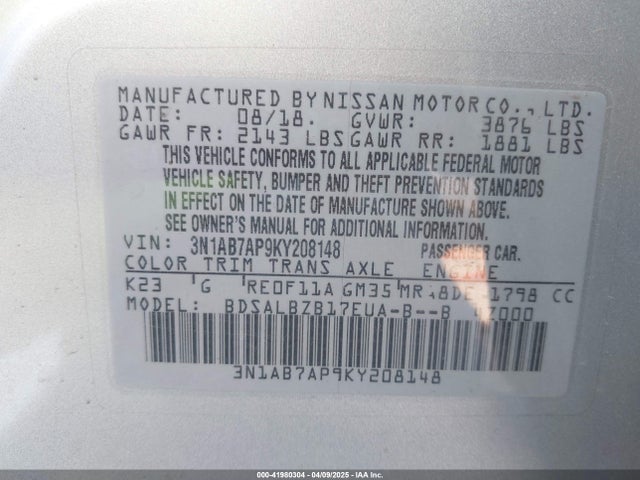 3N1AB7AP9KY208148 Nissan SENTRA S
