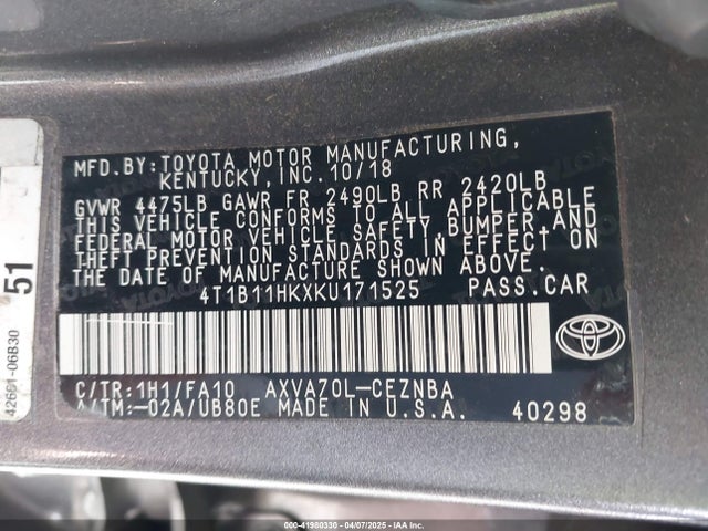 4T1B11HKXKU171525 Toyota CAMRY LE
