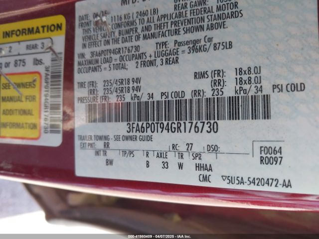 3FA6P0T94GR176730 Ford FUSION SE