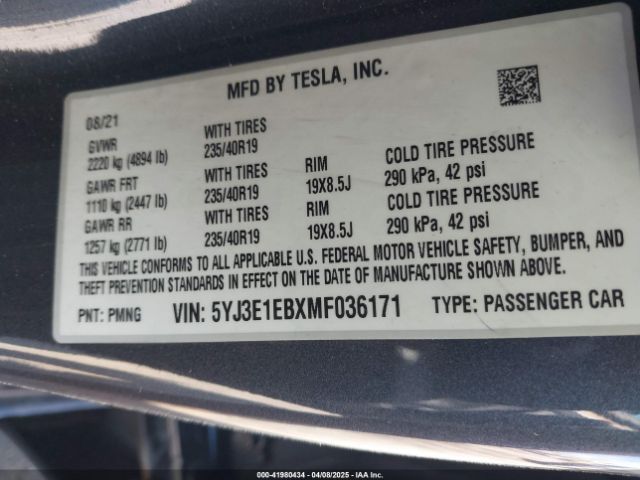 5YJ3E1EBXMF036171 Tesla Model 3 Long Range Dual Motor All-wheel Drive