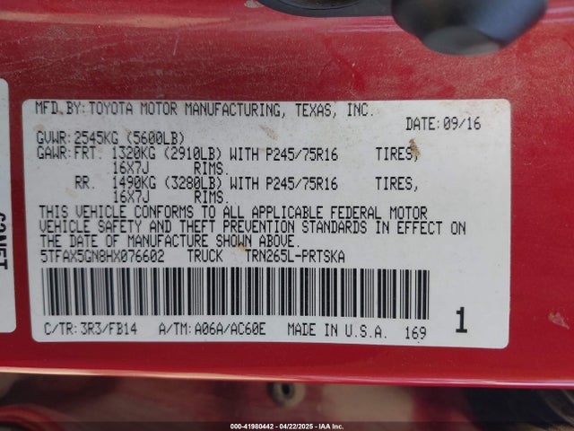 5TFAX5GN8HX076602 Toyota Tacoma Sr
