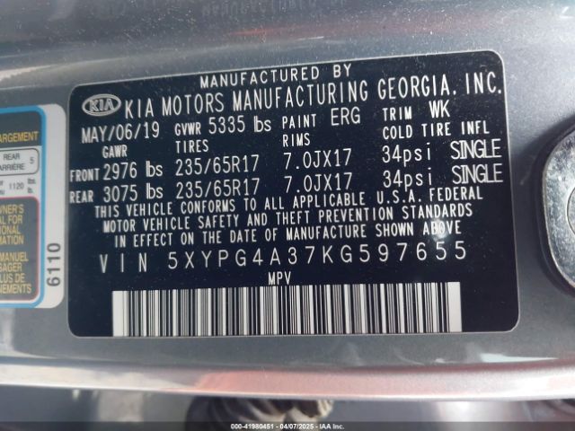 5XYPG4A37KG597655 KIA Sorento 2.4l L