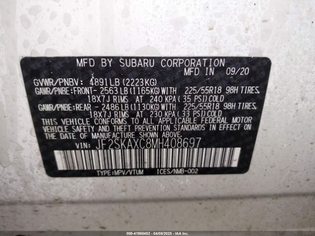 JF2SKAXC8MH408697 Subaru Forester Touring