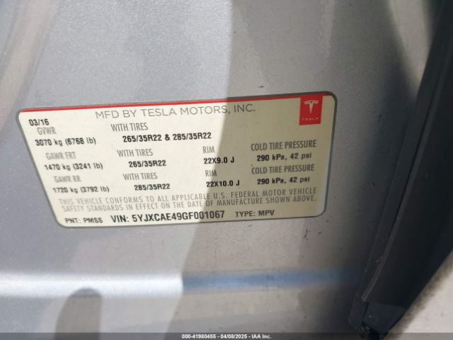5YJXCAE49GF001067 Tesla Model X 60d/p100d/p90d