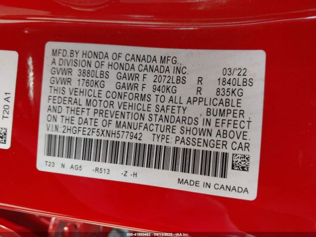 2HGFE2F5XNH577942 Honda k20c2
