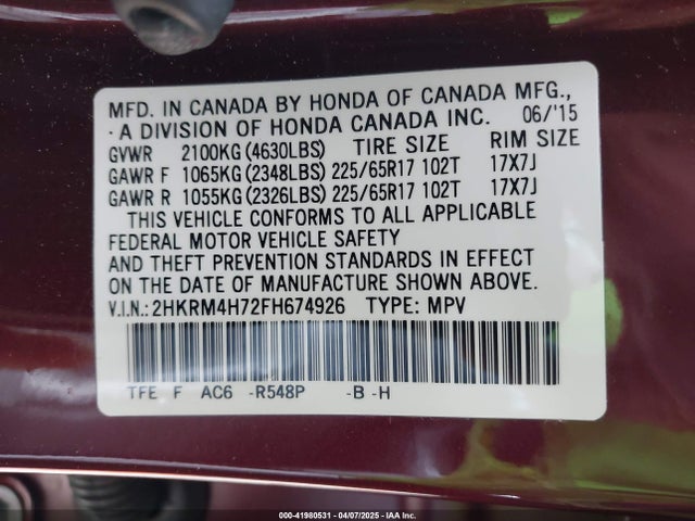 2HKRM4H72FH674926 Honda Cr-v Ex-l