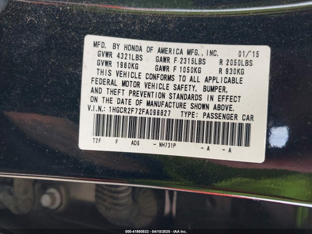 Honda k24w1 2015 1HGCR2F72FA098827 Image 9