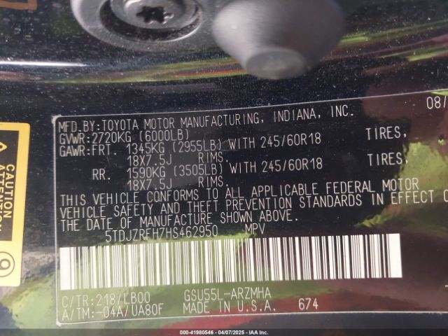 5TDJZRFH7HS462950 Toyota Highlander Xle