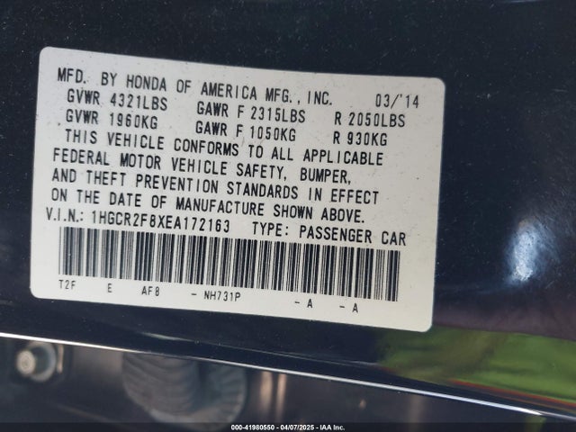 Honda Accord Ex-l 2014 1HGCR2F8XEA172163 Image 9