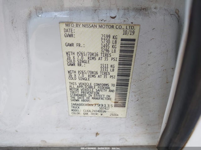 1N6AD0ER0KN799135 Nissan Frontier Sv