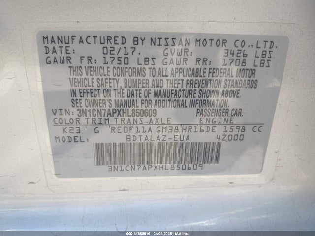 3N1CN7APXHL850609 Nissan Versa 1.6 S+