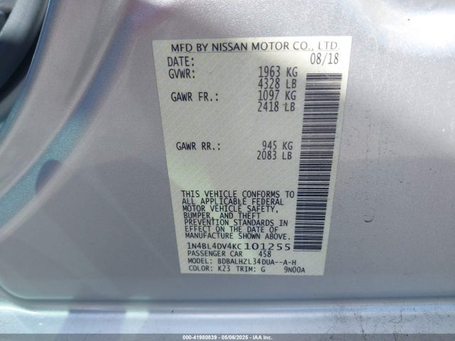 Nissan Altima 2.5 Sv 2019 1N4BL4DV4KC101255 Image 9