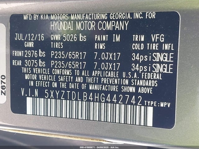 5XYZTDLB4HG442742 Hyundai Santa Fe Sport 2.4l