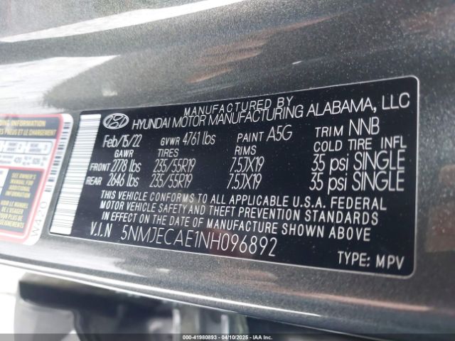 5NMJECAE1NH096892 Hyundai Tucson Limited