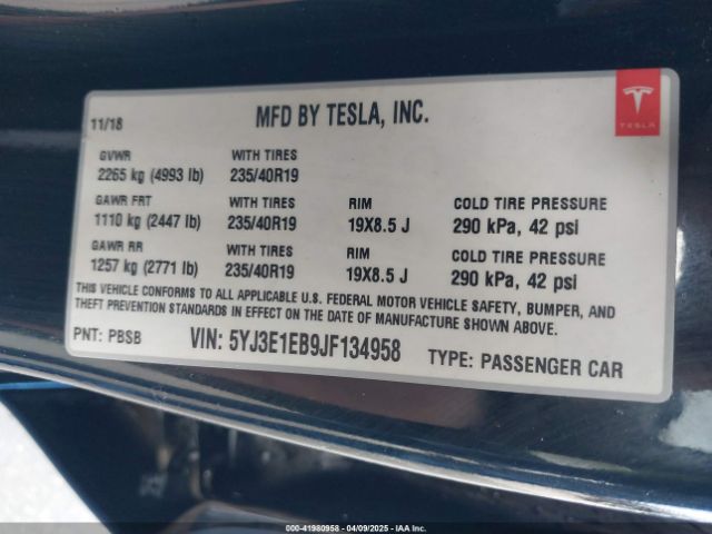 5YJ3E1EB9JF134958 Tesla Model 3 Long Range/performance
