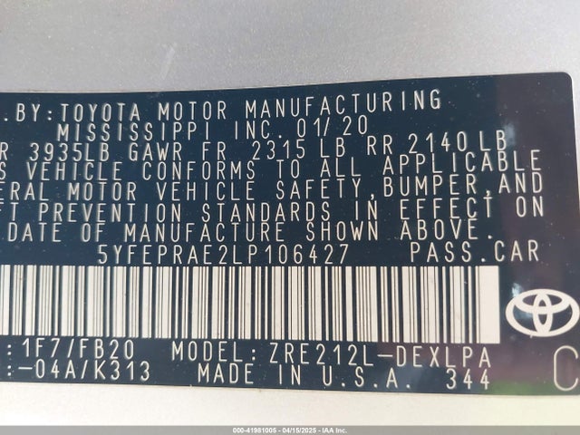 5YFEPRAE2LP106427 Toyota COROLLA LE