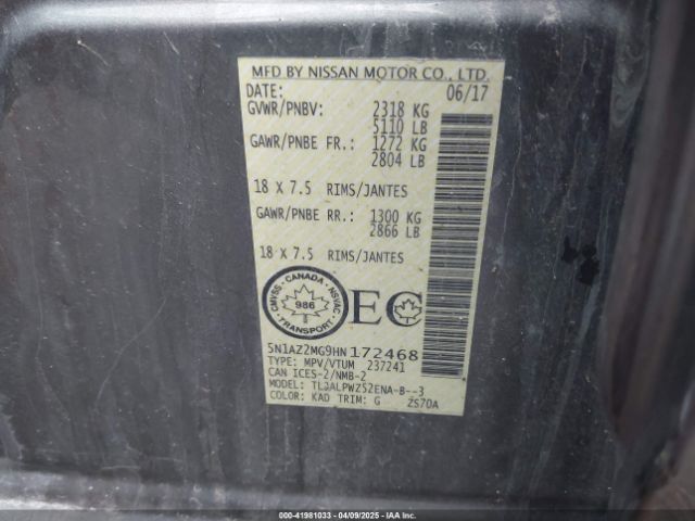 5N1AZ2MG9HN172468 Nissan Murano Platinum/s/sl/sv