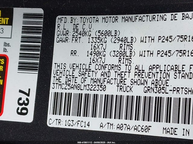 3TMCZ5AN8LM322350 Toyota Tacoma Sr5 V6
