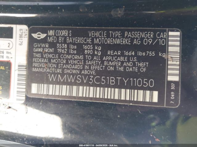2011 MINI COOPER S WMWSV3C51BTY11050 Photo 8