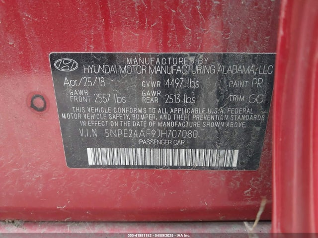 5NPE24AF9JH707080 Hyundai SONATA SE
