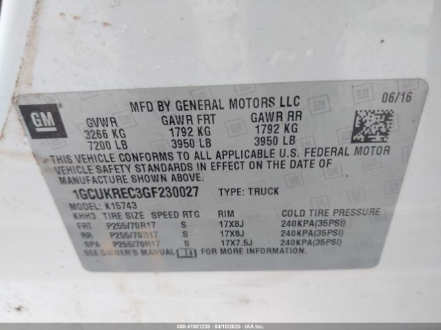 1GCUKREC3GF230027 Chevrolet Silverado 1500 1lt